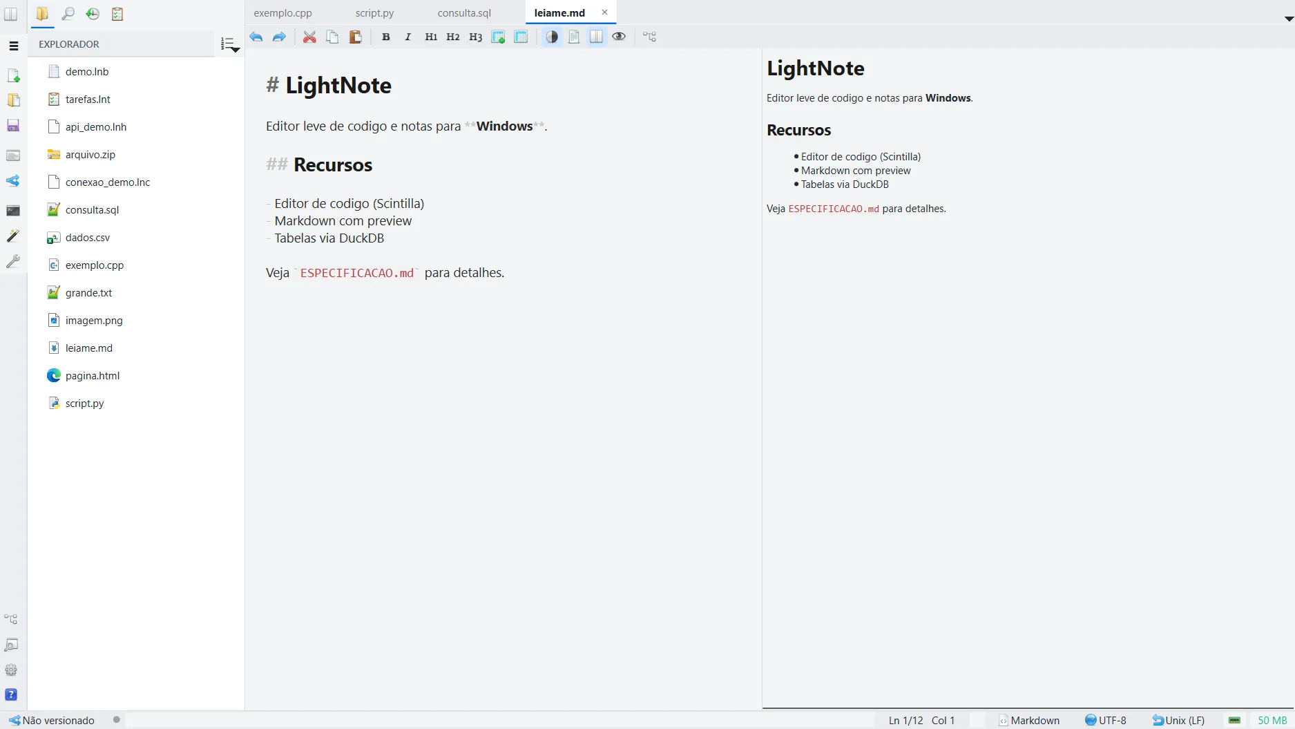 LightNote editando uma nota em Markdown com prévia